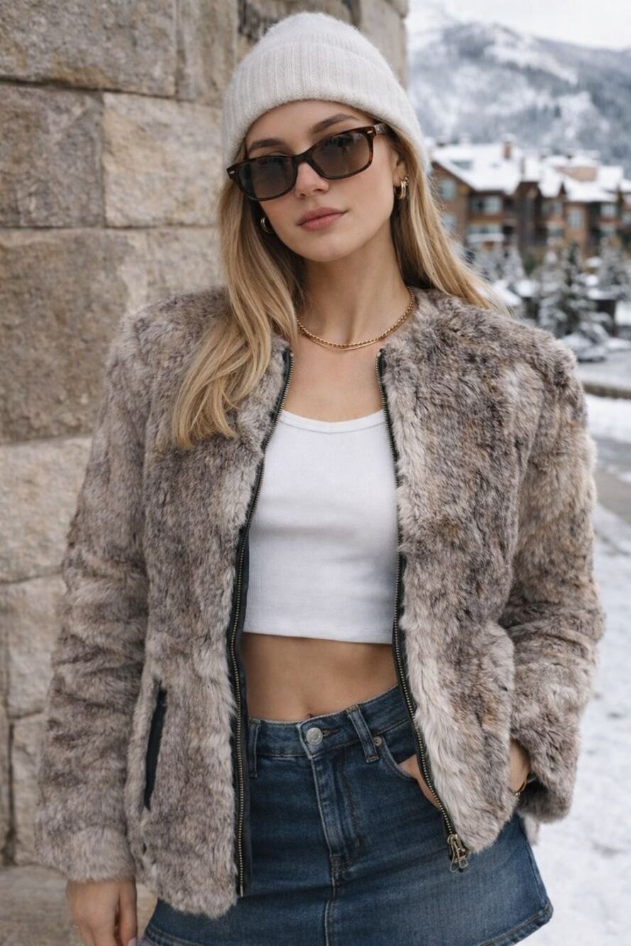 Vintage Genuine Fur Short Jacket Gray Taupe Leather Trim Zip Front Luxury Coat